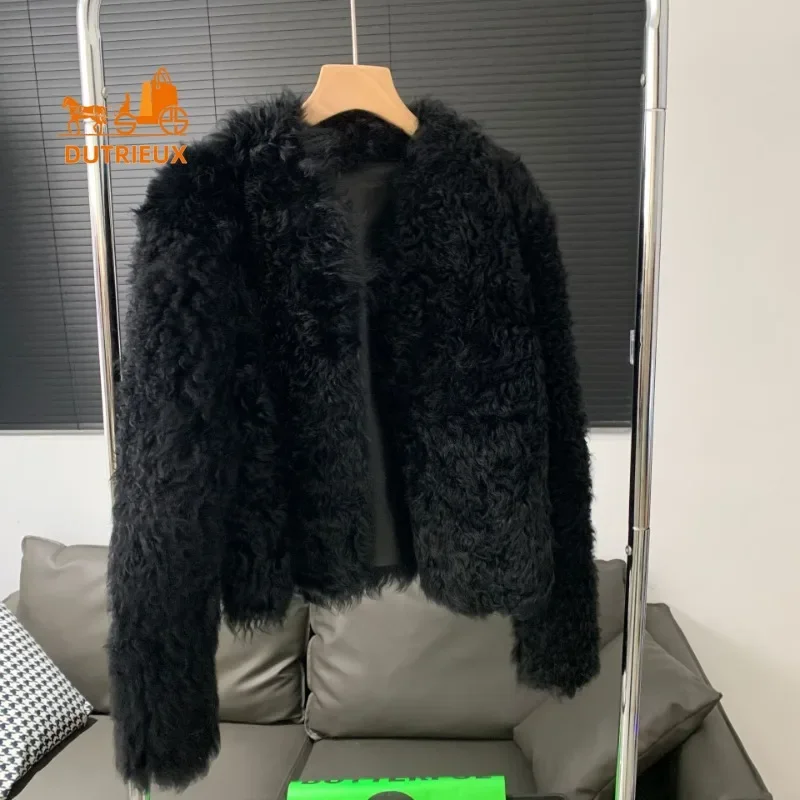 2024 Winter New Fur Coat for Women,curly Tuscan Fur One-piece Wool Coat Short Stand Collar Genuine Leather Fur Jacket for Warmth