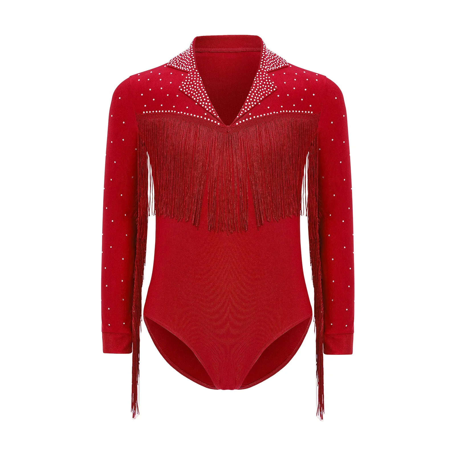

Kids Boys Latin Dance Costume Modern Ballroom Latin Dancewear Long Sleeve Shiny Rhinestones Tassel Leotard with Elastic Shorts