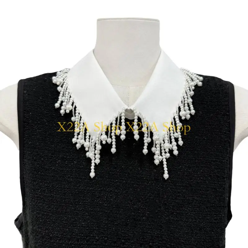 Unique Fashionable Pearls Beaded Tassels Trim False Collar for Women Casual Formal Wear Detachable Choker Necklace Shirt Collar