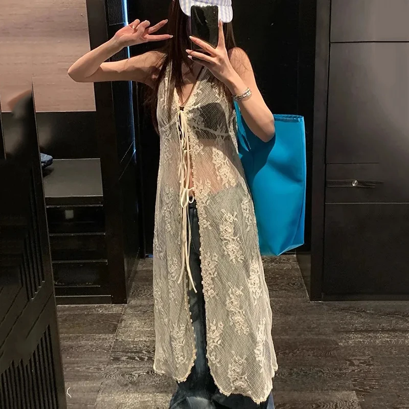 Abito con camicetta in pizzo albicocca Donna Estate Vacanza al mare Cardigan con lacci Moda coreana Harajuku Abiti senza maniche con scollo a V sexy