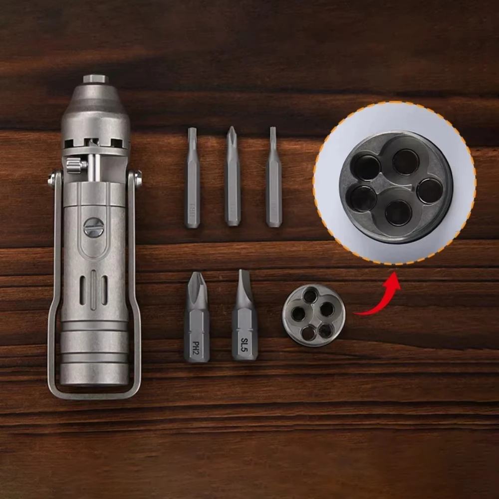 Vintage Titanium Alloy Ratchet Screwdriver with Bit Storage – Portable Multi‑Function Hand Tool (1/4″ & 3/8″ Bits Compatible)