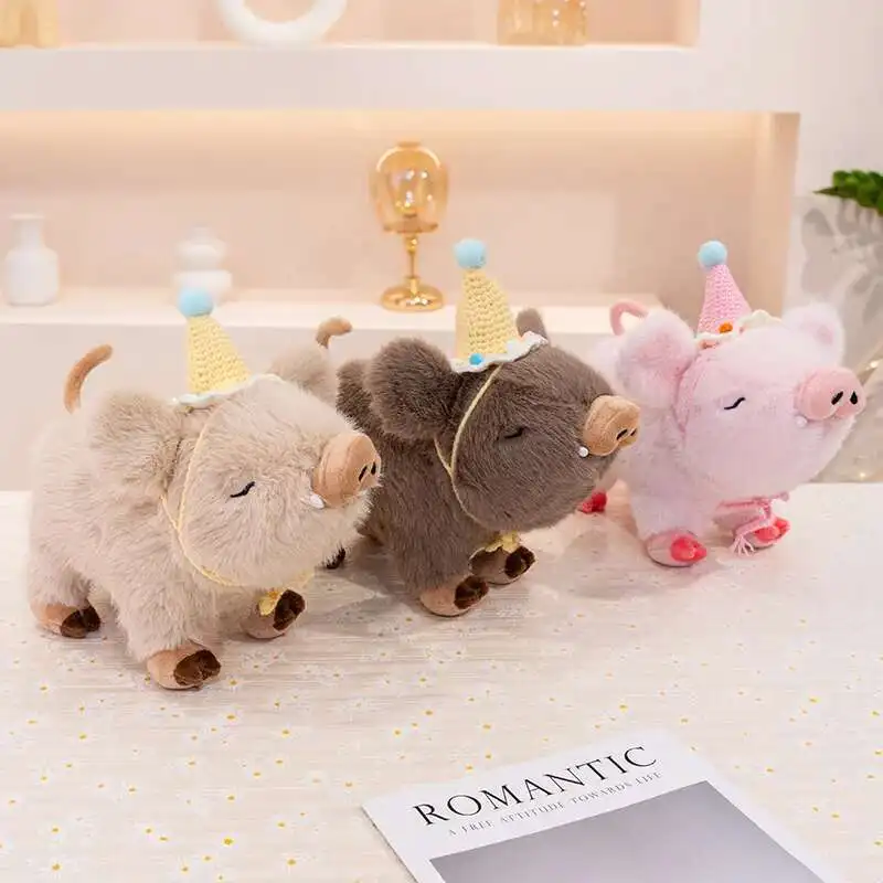 

Cartoon Cute Wild Boar Plush Toy Birthday Hat Pig Fluffy Comfortable Feel Stuffed Animals Pig Kids Toy Birthday Gift Room Decor