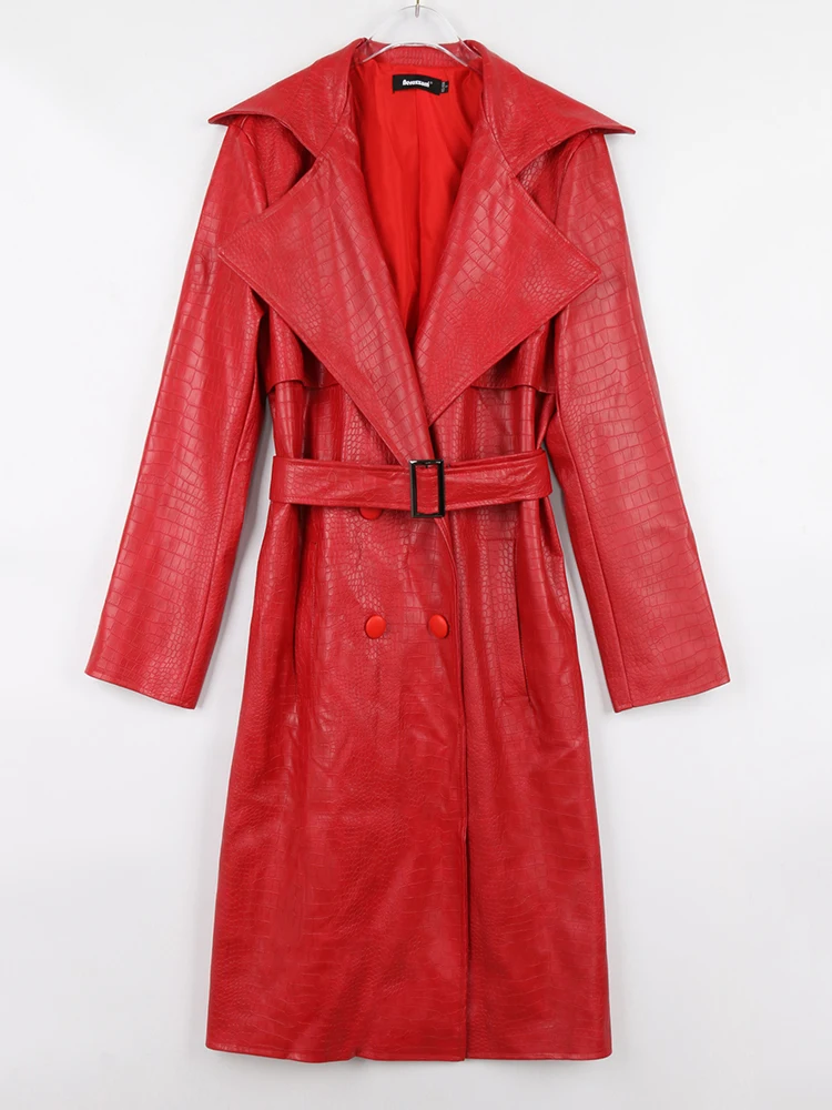 Nerazzurri Autumn Long Loose Red Crocodile Print Leather Trench Coat for Women Belt Double Breasted Waterproof Raincoat Fashion