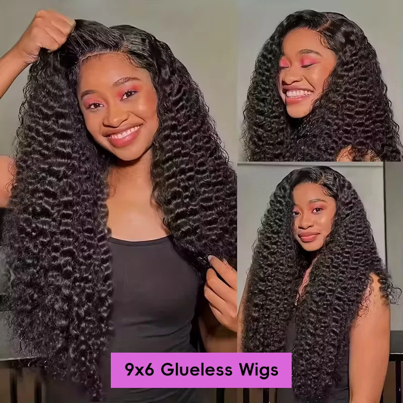 Deep Curly 9x6 Pre Cut HD Lace Front Wigs 250% Put On And Go Deep Wave Brazilian Virgin Human Hair Wigs Pre Plucked Pre Bleached Natural Black Easy To Wear Deep Wave Glueless Lace Wigs For Beginner Friendly