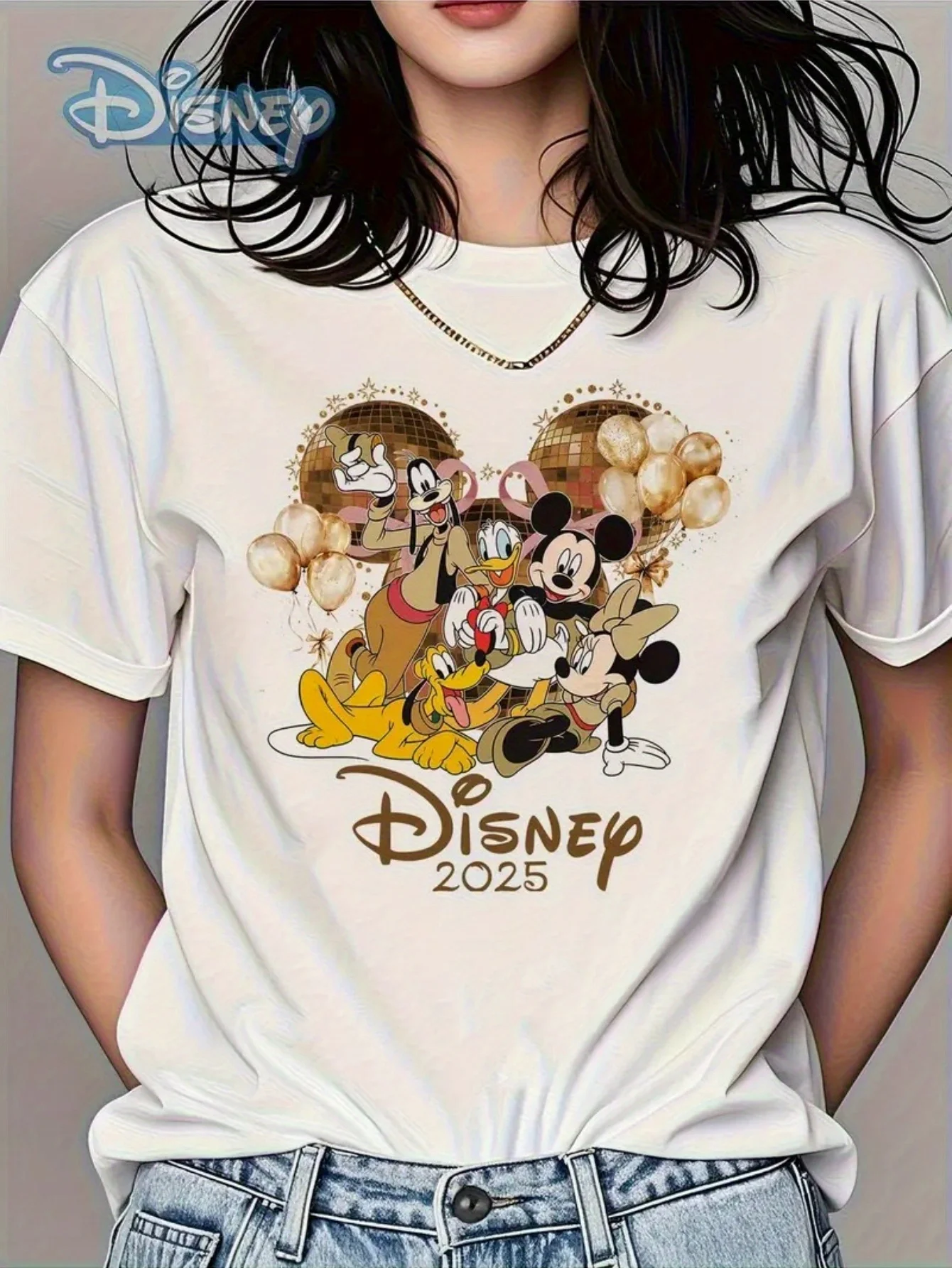 

Disney Women's 2025 Cotton Crew Neck T-Shirt - Mickey & Friends Geometric Print Casual Tee, Soft Breathable Short Sleeve Top