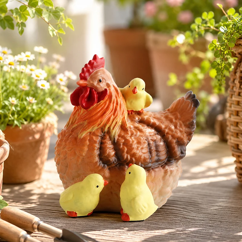 Aesthetic Farm Hen Chicks Figurine Statue Realistic Chicken Sculpture For Flat Lay Country Desktop Garden Table Decor Accent