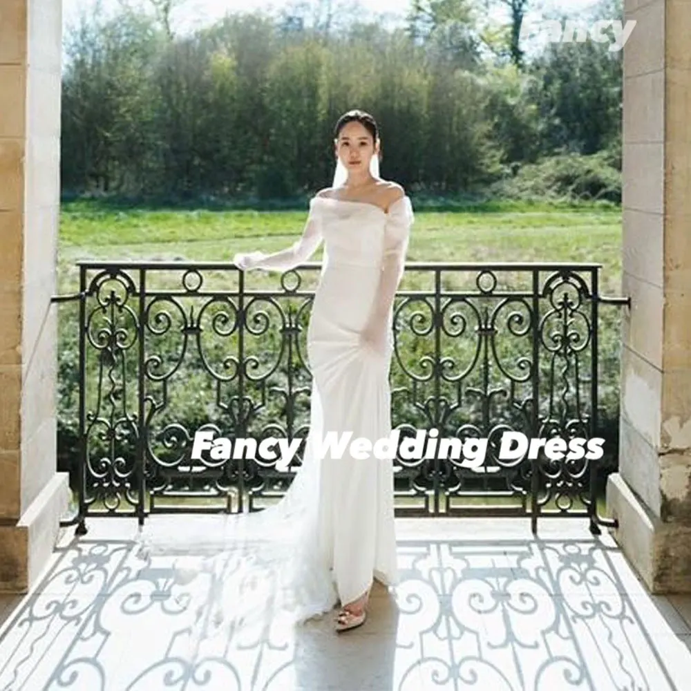 ファンシーエレガントなオフショルダーのウェディングドレスマーメイド長袖ブライダルドレス弾性サテン誕生日パーティードレスカスタマイズ
