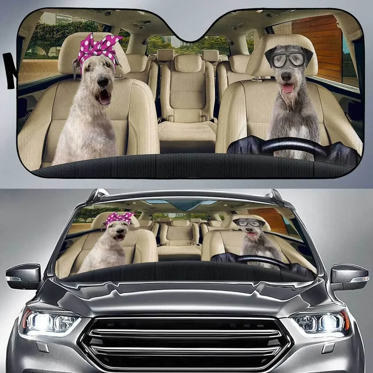 Funny Irish Wolfhound Dogs Couple Driving Left Hand Car Sunshade, Irish Wolfhound Dogs Wearing Pink Headband and Glasses Auto Su