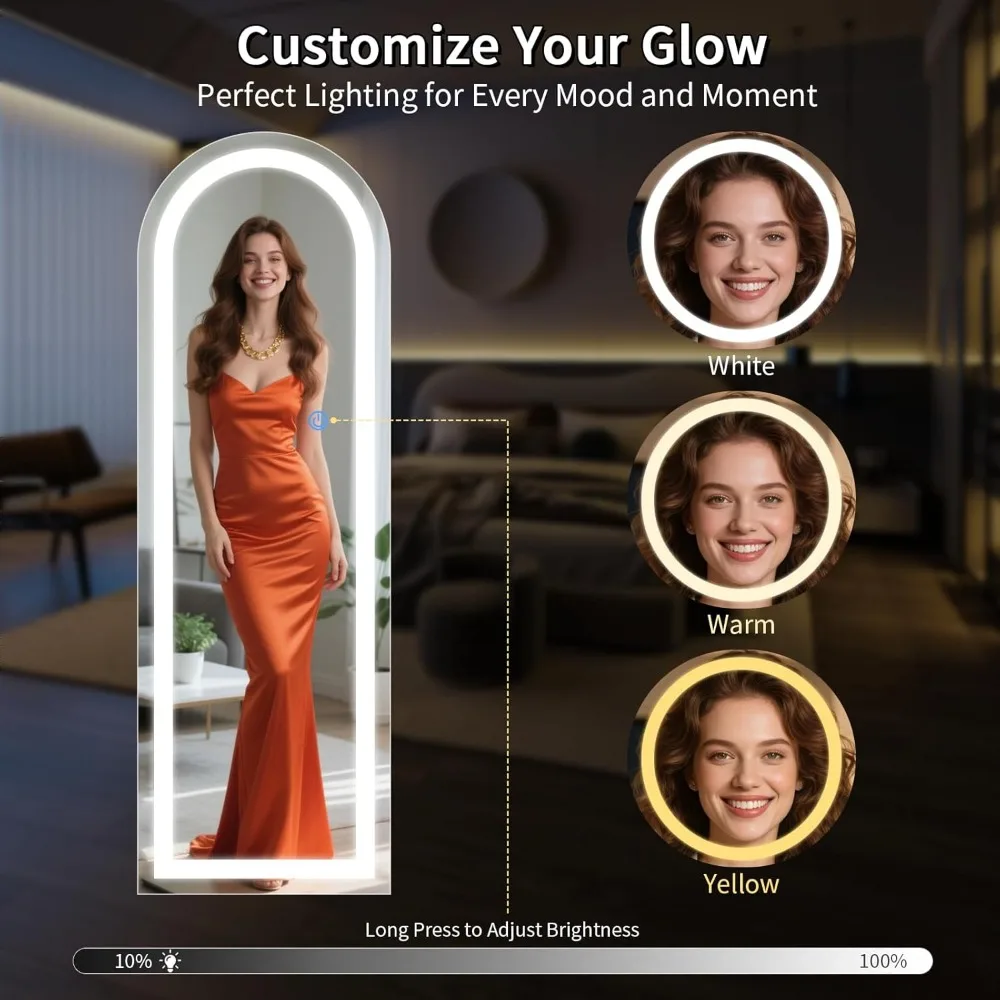 스탠드가 있는 조명이 있는 풀 렝스 LED 아치형 거울, 전신 반사용 68 x 26 조명 바닥 거울