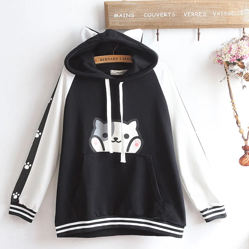 Japanese casual style cat ears color match cartoon cat printing women's clothing hoodies loose coat tops