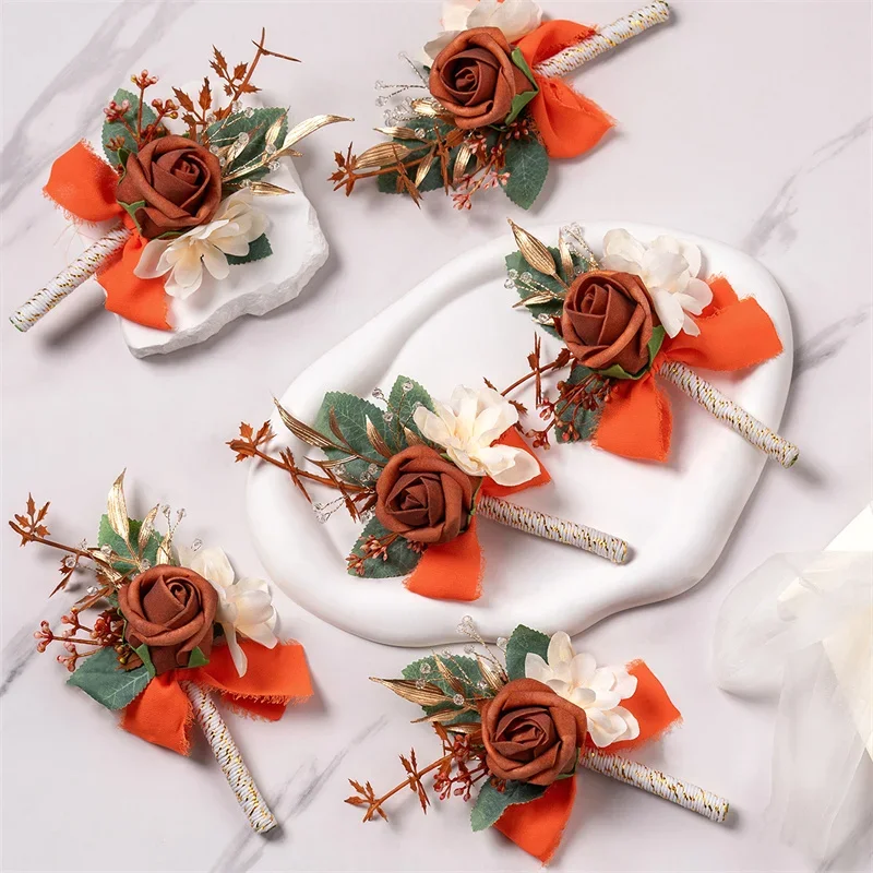 Burnt Orange Boutonniere Groom Best Man Groomsmen Artificial Flowers for Wedding Ceremony Fall Vintage Rustic Marriage Prom