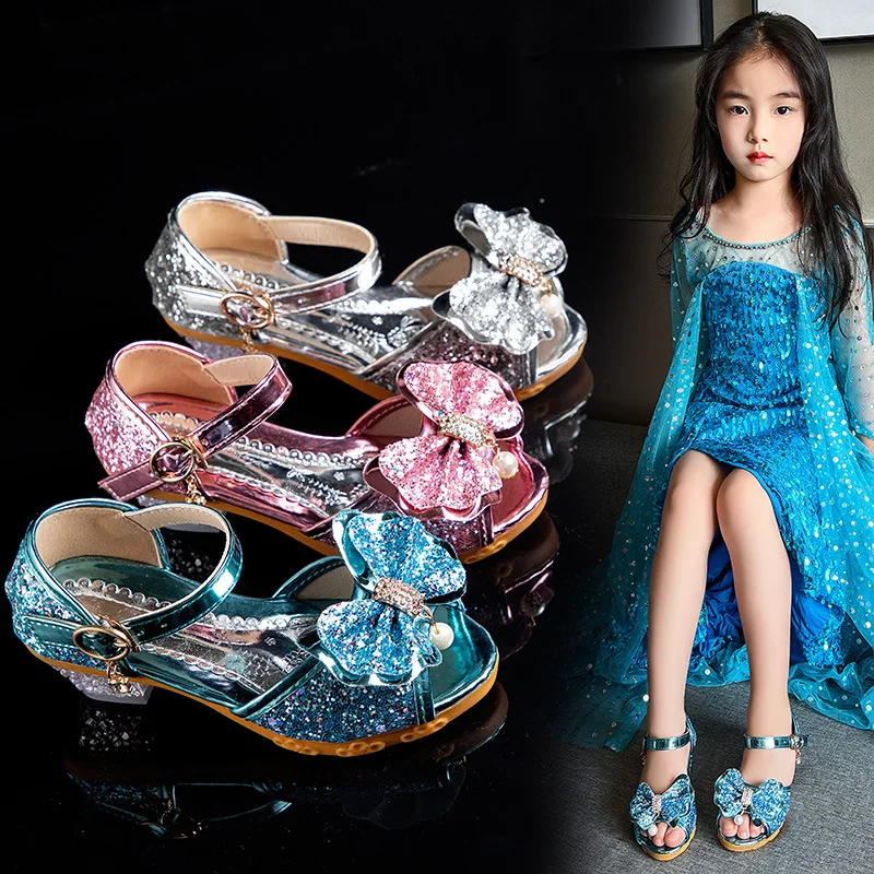 Children Shoes New Autumn Casual Glitter Bowknot Children High Heel Girls Shoes Cute Fashion Princess Dance Party Sandals صنادل