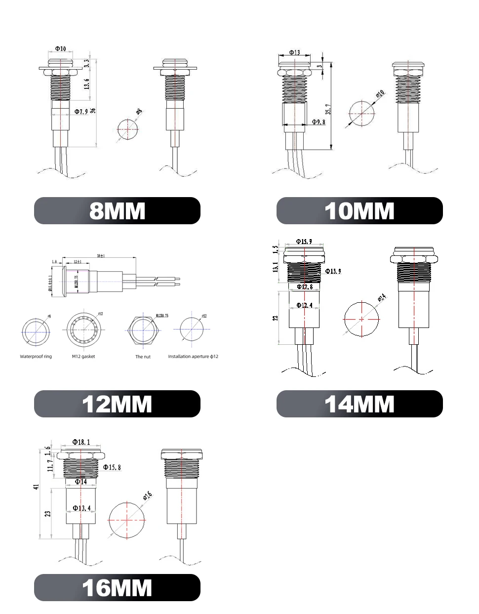 FILN 16mm Waterproof Lamp Silver Shell  12V LED Car Boat Battery Fault Flag Dashboard Signal Lights Instrument Pilot Light