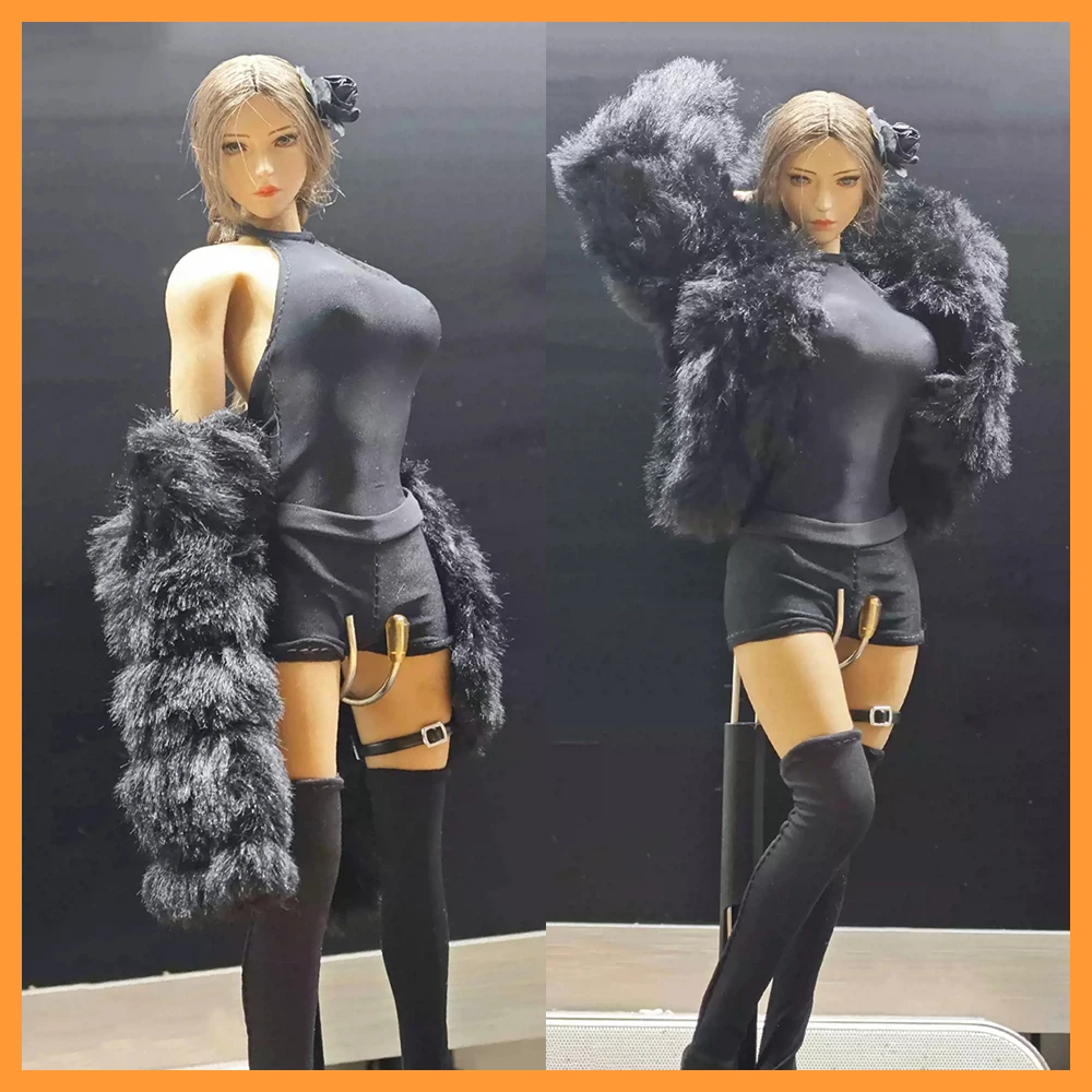 1/6 Female All Black Look Tight Halter Backness Vest Mini Short Loose Fur Coat Leg Hanging Overknee Socks for 12