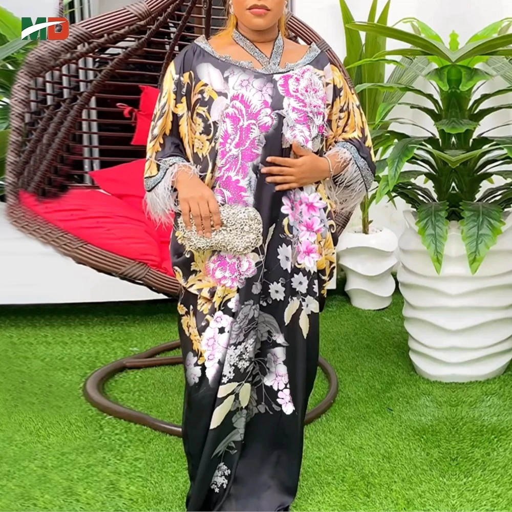 

2026 New African Plus Size Kaftan Dress Flower Printed Loose-Fit Wedding Party Djellaba Gown Turkey Dress luxury elegant 2024