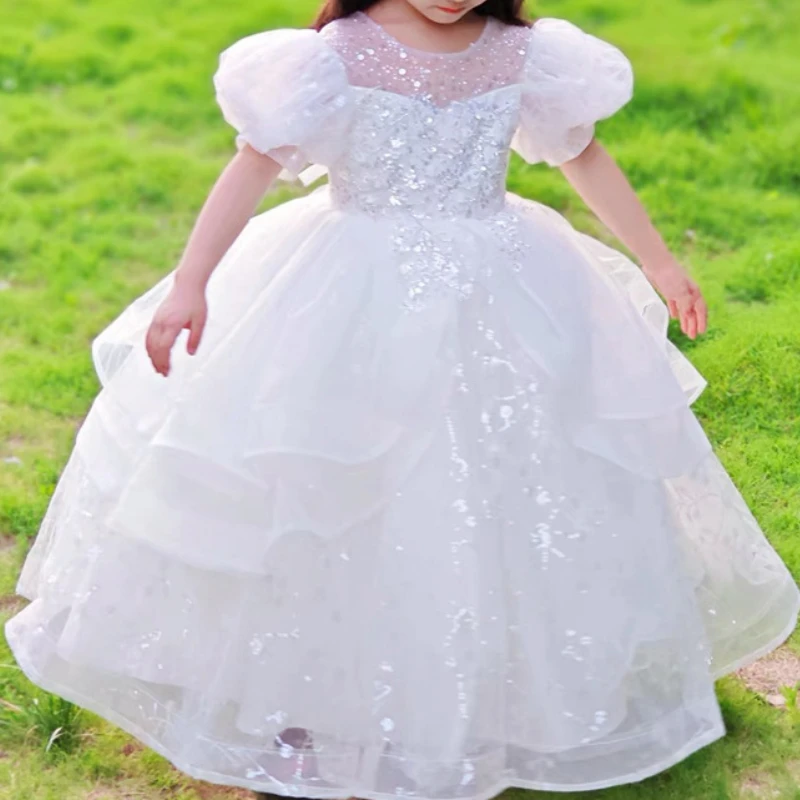 

Fairy Simple O-neck Puff Short Sleeve Princess Vestidos Exquisite Flower Sequin Appliques Birthday Party Gown Long Tiered Dress