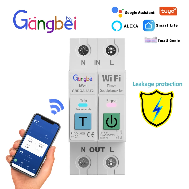 Tuya WiFi Smart Circuit Breaker 2P 1-63A Voltage and Current Protection Metering Timer Switch Leakage Circuit Breaker GBDQA-63T2