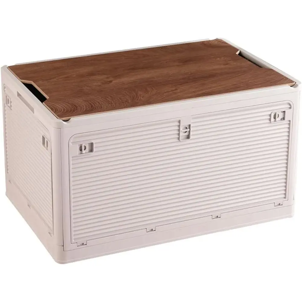 

Складной контейнер для хранения с деревянной крышкой, портативный штабелируемый контейнер для продуктов, со съемными колесиками (L, цвет хаки)