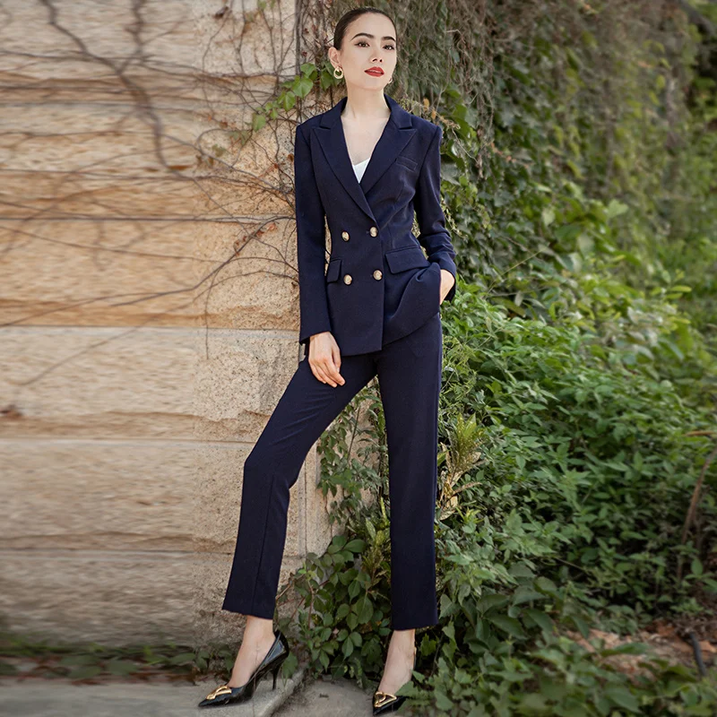

Cobalt Blue Managerial Suit Profional Women's Faion Set for Civil Servant Interviews Gold Store Ss Office Workwear