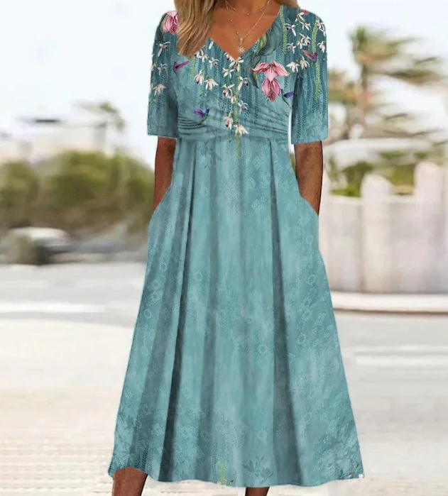 Women's Dress 2024 Summer Autumn V-Shaped Collar Positioning Print Temperament Commuting Maxi Dress Short Sleeved Long Skirt