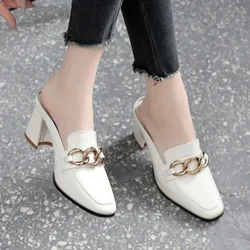 2024 Summer Slippers Women New Thick Heels Baotou Cool Slides Lady High Heel Square Head Muller Shoes Soft Sole Outdoor Sandals