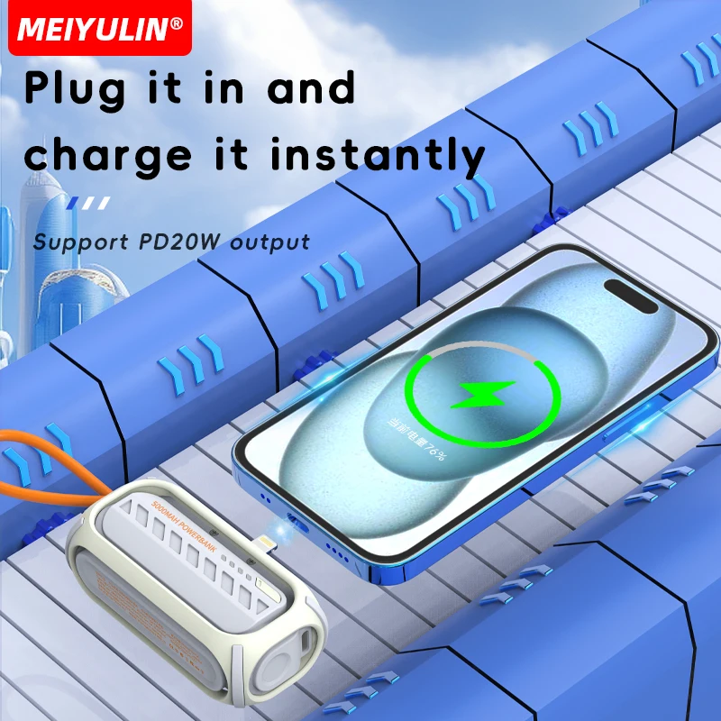 5000mAh Mini Power Bank With USB C PD Cable 22.5W Fast Charger Portable Mobile External Spare Battery for iPhone Samsung Xiaomi