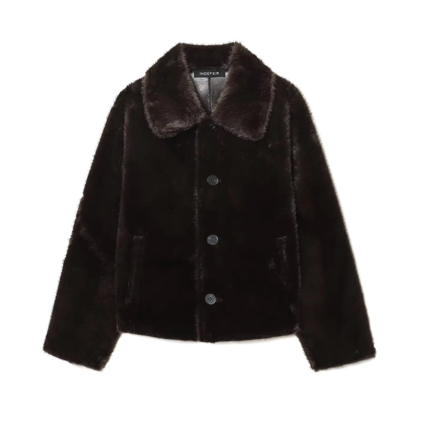 معطف Jaet من الجلد فضفاض يمكن ارتداؤه على الوجهين للنساء، ياقة أوروبية طويلة وزر إغلاق قابلة للطي