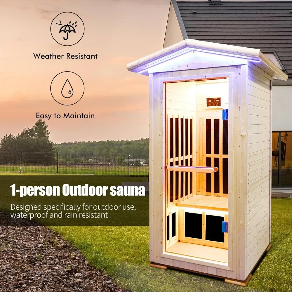 Sauna doméstica de infrarrojos lejanos de 1300W, Sauna canadiense de madera de abeto para exteriores con 7 placas de calefacción, 1 persona