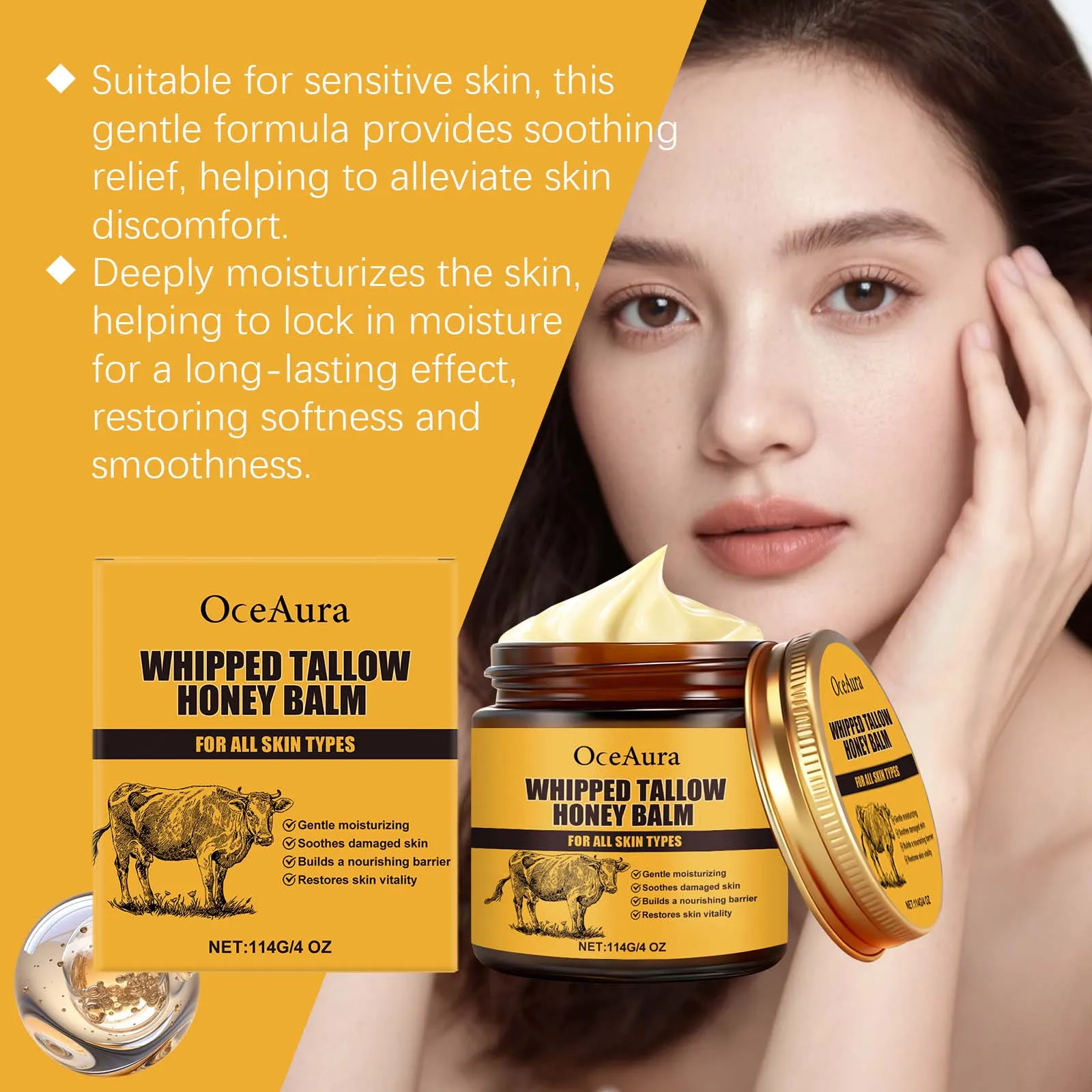 Beef Tallow Honey Balm Deep Hydrating Soft Smooth Care Fast Absorption Facial Moisturizer Rejuvenating Organic Face Cream 114g