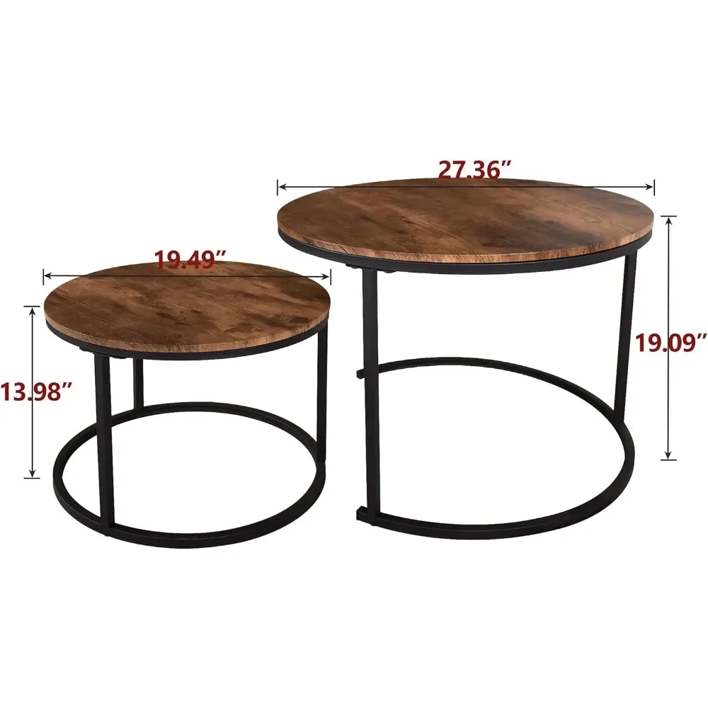 Industrial Round Coffee Table Set of 2 End Table for Living Room,Stacking Side Tables, Sturdy and Easy Assembly,Wood Look Accent