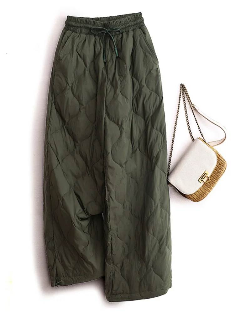 痩身ハイウエストワイドレッグパンツ女性のカジュアルコットンダウンパンツ秋冬ルーズフィット袖口付き軽量ママジーンズ