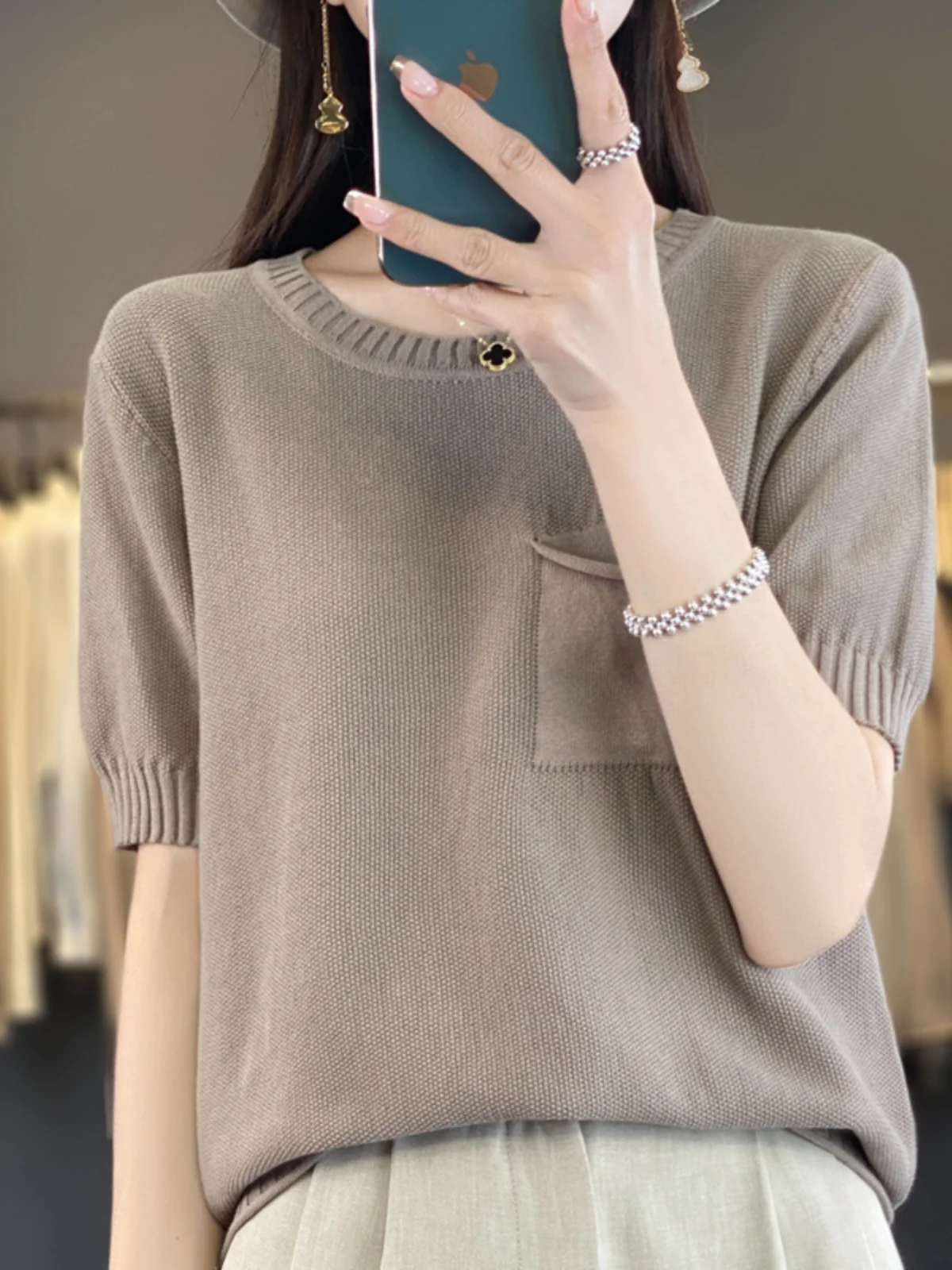 Summer Cotton Linen Knitted Top Women Loose Five Sve round Ne Casual Thin T-irt Comfortable Breathable ort Sve Tee