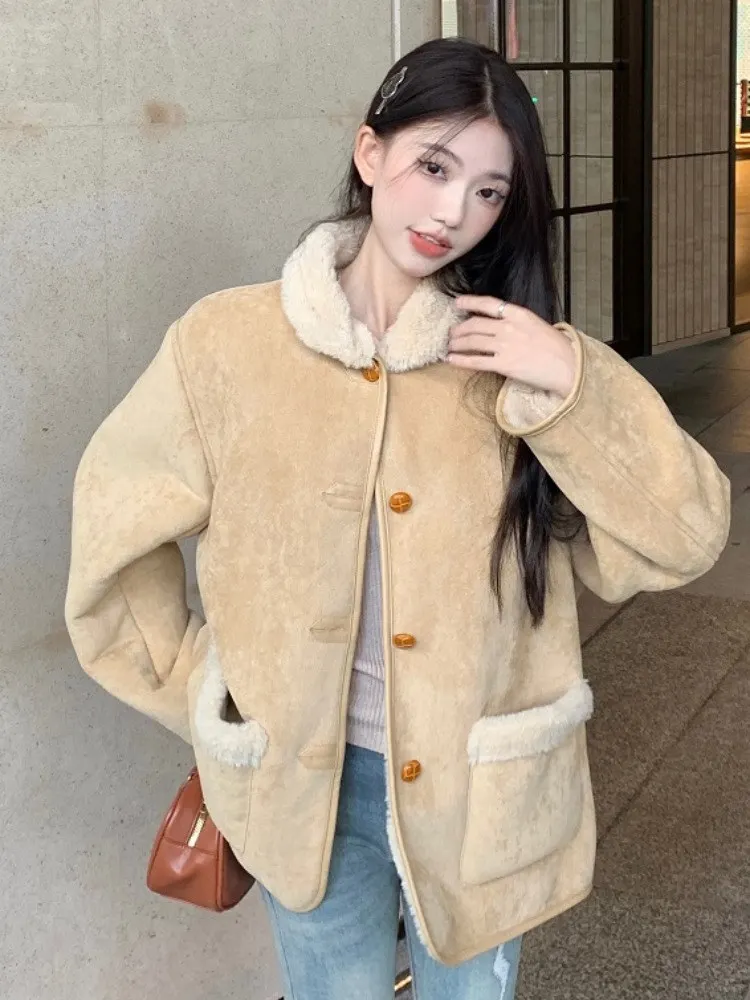 

Ретро-корейская женская хлопковая куртка с мехом ягненка, уникальная серия Milk, зимняя, укороченная, милая и стильная, с хлопковой подкладкой