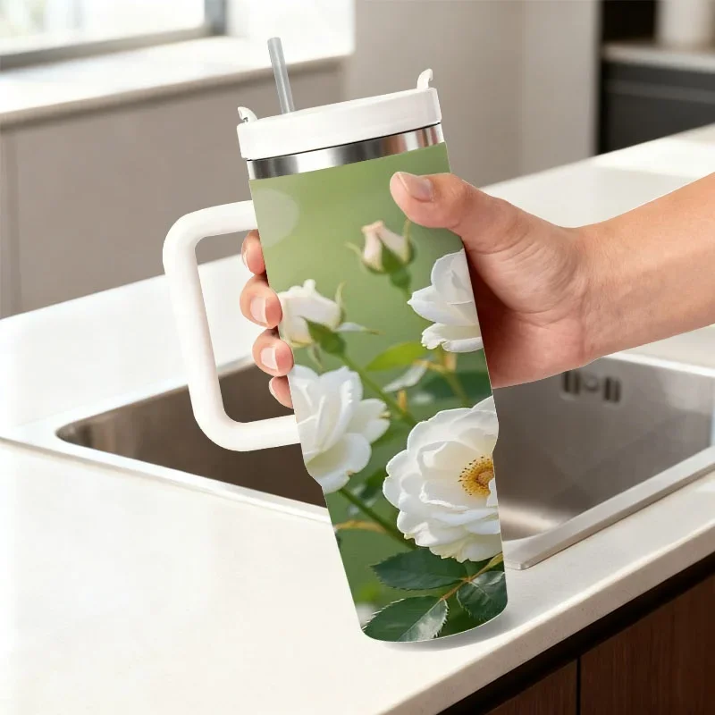 40oz Stainless Steel Insulated Tumbler with Delicate White Rose Digital Print, Reusable Thermal Water Cup for Keeping Drinks Hot or Cold, Ideal for Daily Commute, Office Use and Outdoor Activities