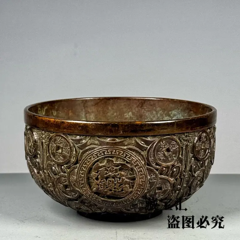 Hand Carved Relief Ancient Collection Pure Copper Bowl Jucai Fortune Gathering Cornucopia Qianlong Tongbao Daily Gold Gain