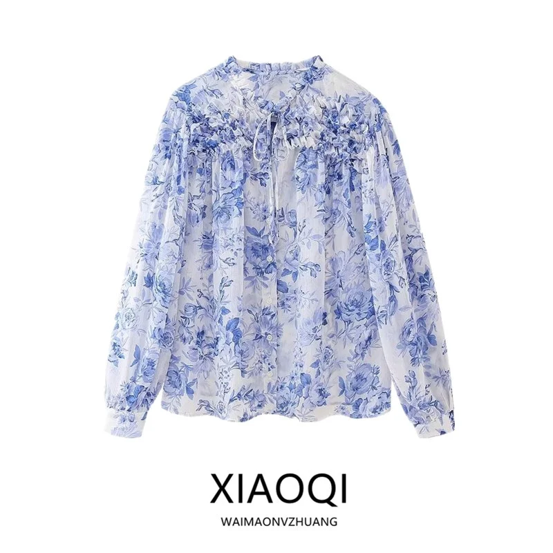 Spring 2024 Women's Faion Layered Floral Print Blouse French Sle Loose Fit Long Sve V-Ne Printed Design Casual irt