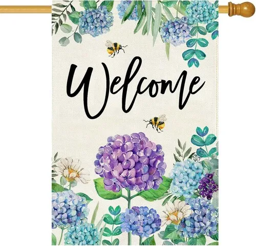 Summer Spring Hydrangea House Flag Double Sided 28X40 Inch, Purple Blue Flower F XXQ