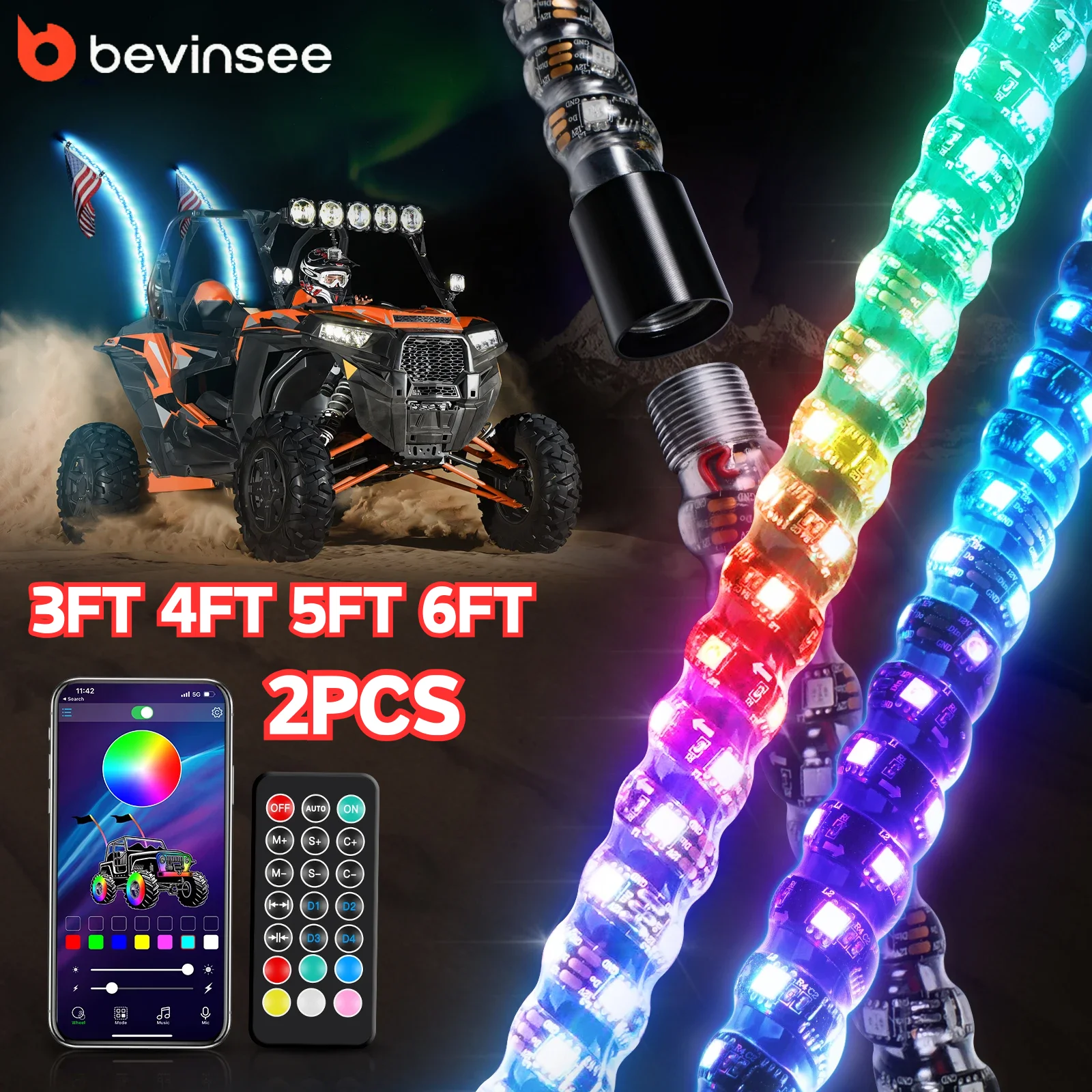 

2pcs 3FT 4FT 5FT 6FT LED Whip Lights Dual Control RGB LED Flagpole Ambient Lamps for Can-Am Maverick X3 Off-road for Polaris RZR