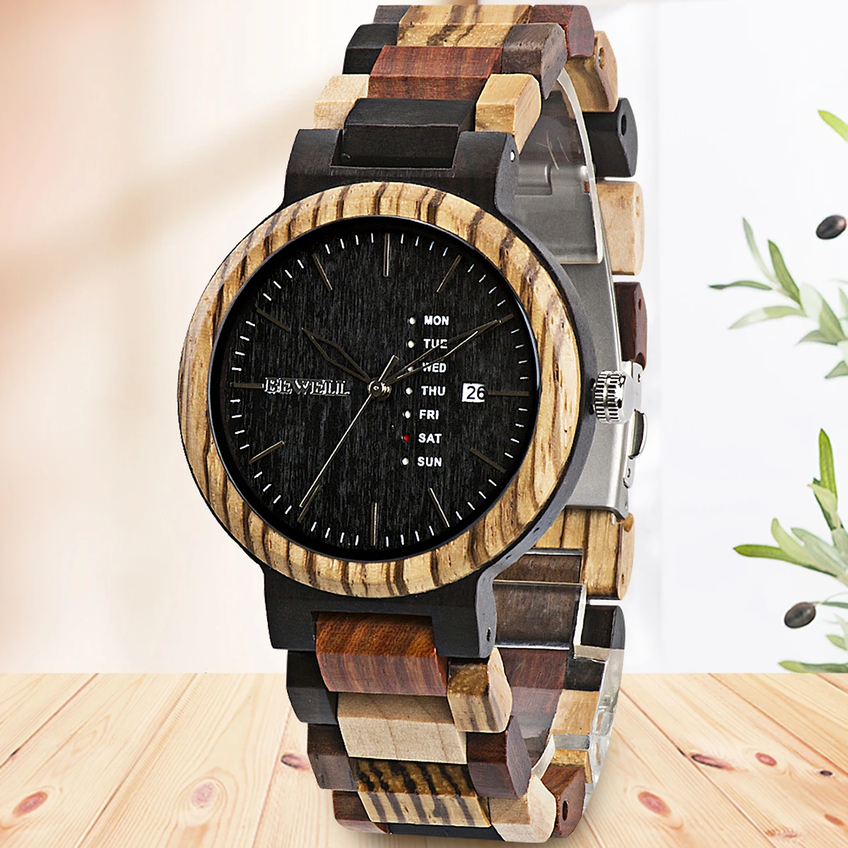 

Мужские деревянные кварцевые часы с многофункциональным дисплеем и неделей, легкие повседневные наручные часы ручной работы с зеброй