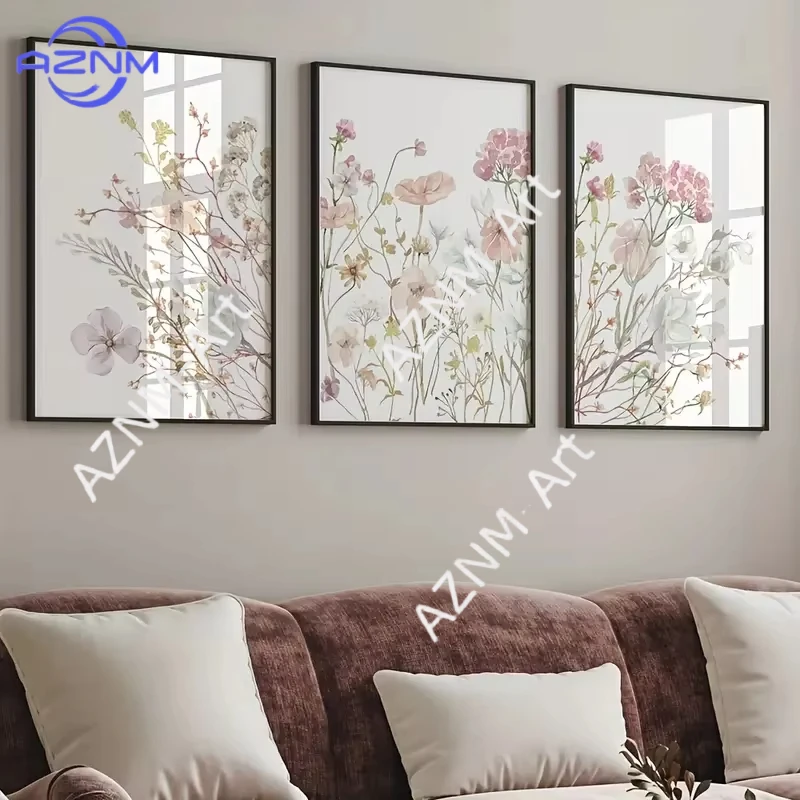 1PC/3PCS Pink Floral Canvas Art Painting Bohemian Minimalist Style Interior Bedroom Office and Home Decoration