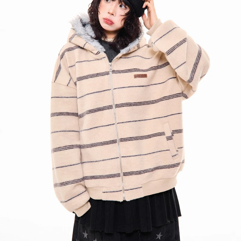 الأمريكية الرجعية تصميم فروي الأذن مقنعين الصوف المرأة البلوز 2025 الخريف الشتاء جديد فضفاض Y2k تنوعا الدافئة جاكيتات السيدات