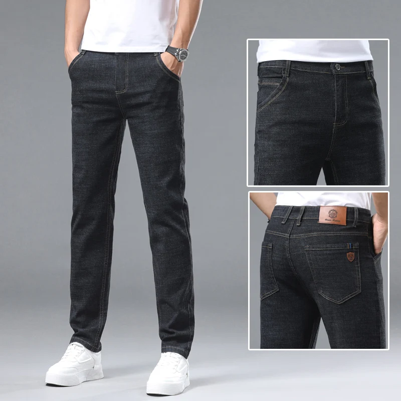 Męskie, wysokiej klasy, biznesowe, slim fit, proste, elastyczne dżinsy, klasyczne, modne, bawełniane, miękkie, wygodne spodnie dżinsowe — zdjęcie 3