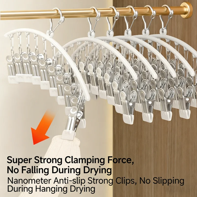 Windproof Arc Stainless Steel Drying Rack 10 Clips Non Slip Space Saving Laundry Hanger for Socks Underwear Towel Storage view 6