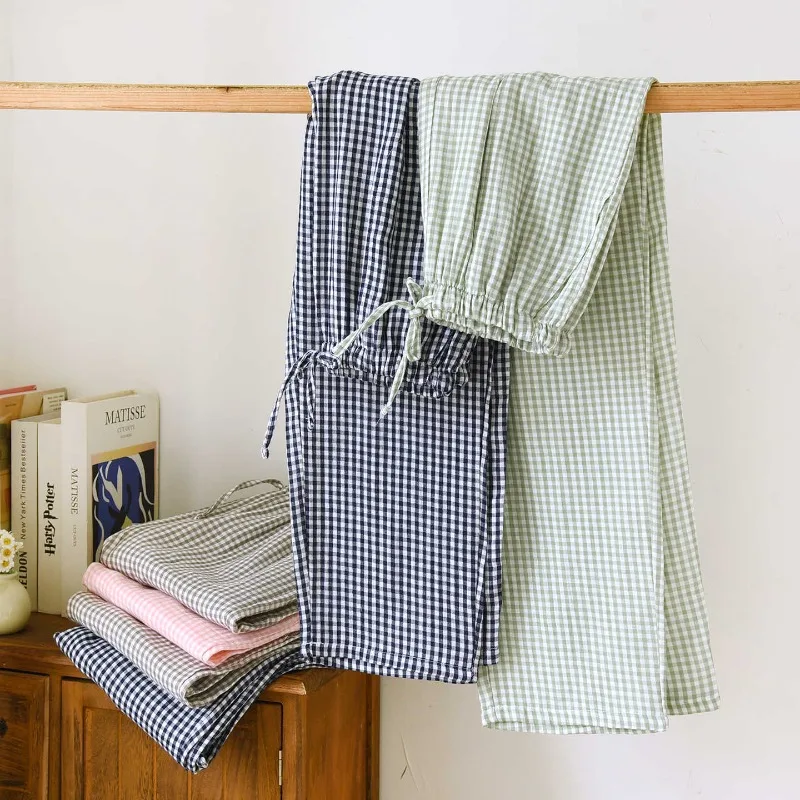 

Новинка весны/лета 2024, брюки для сна для пар, мужские и женские брюки из 100% хлопка и марли, простые тонкие домашние брюки в клетку