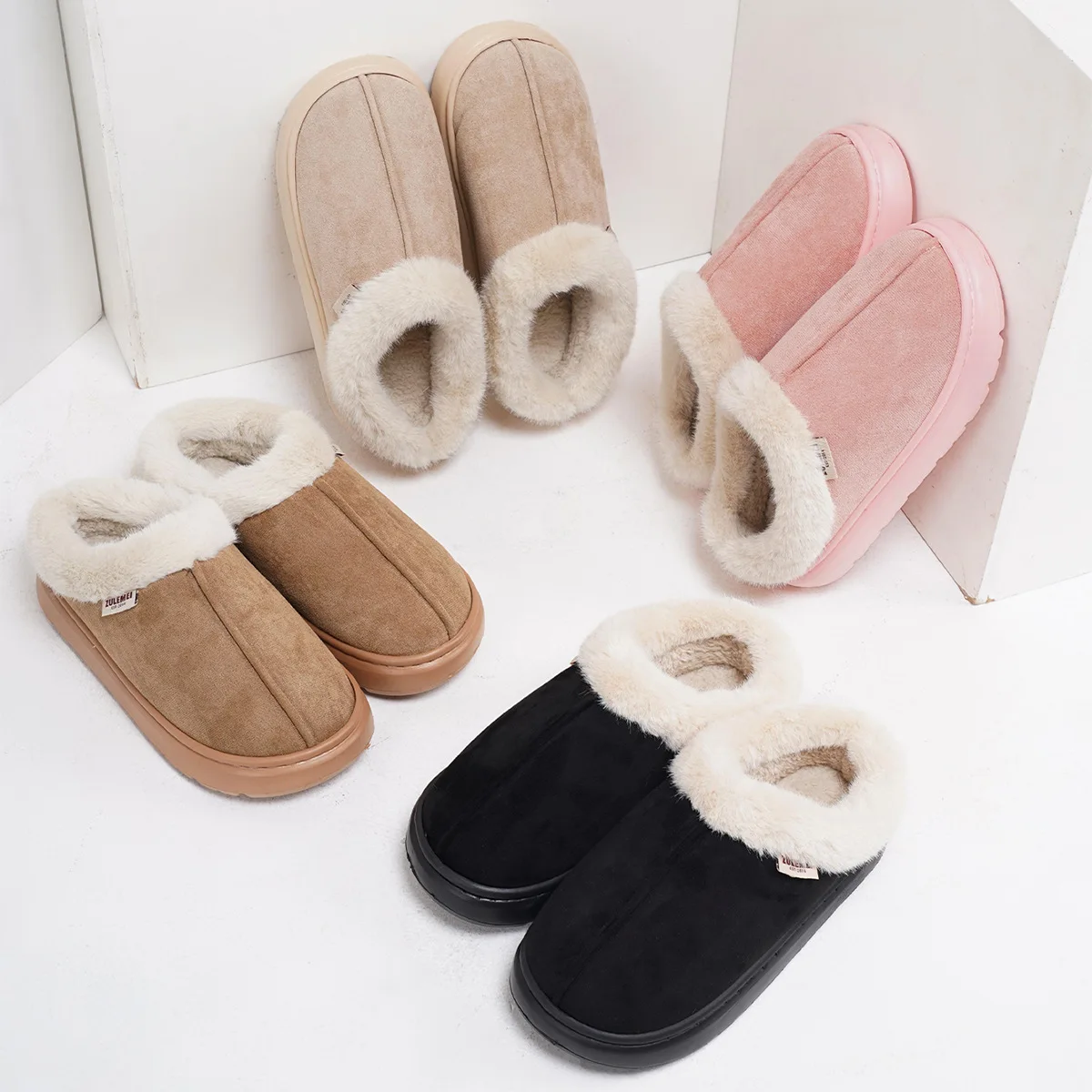 

Women's New Winter Furry Slippers Furry Cuff Elastic Design Home Anti-Slip Warm Thickened Fleece Cotton Slippers