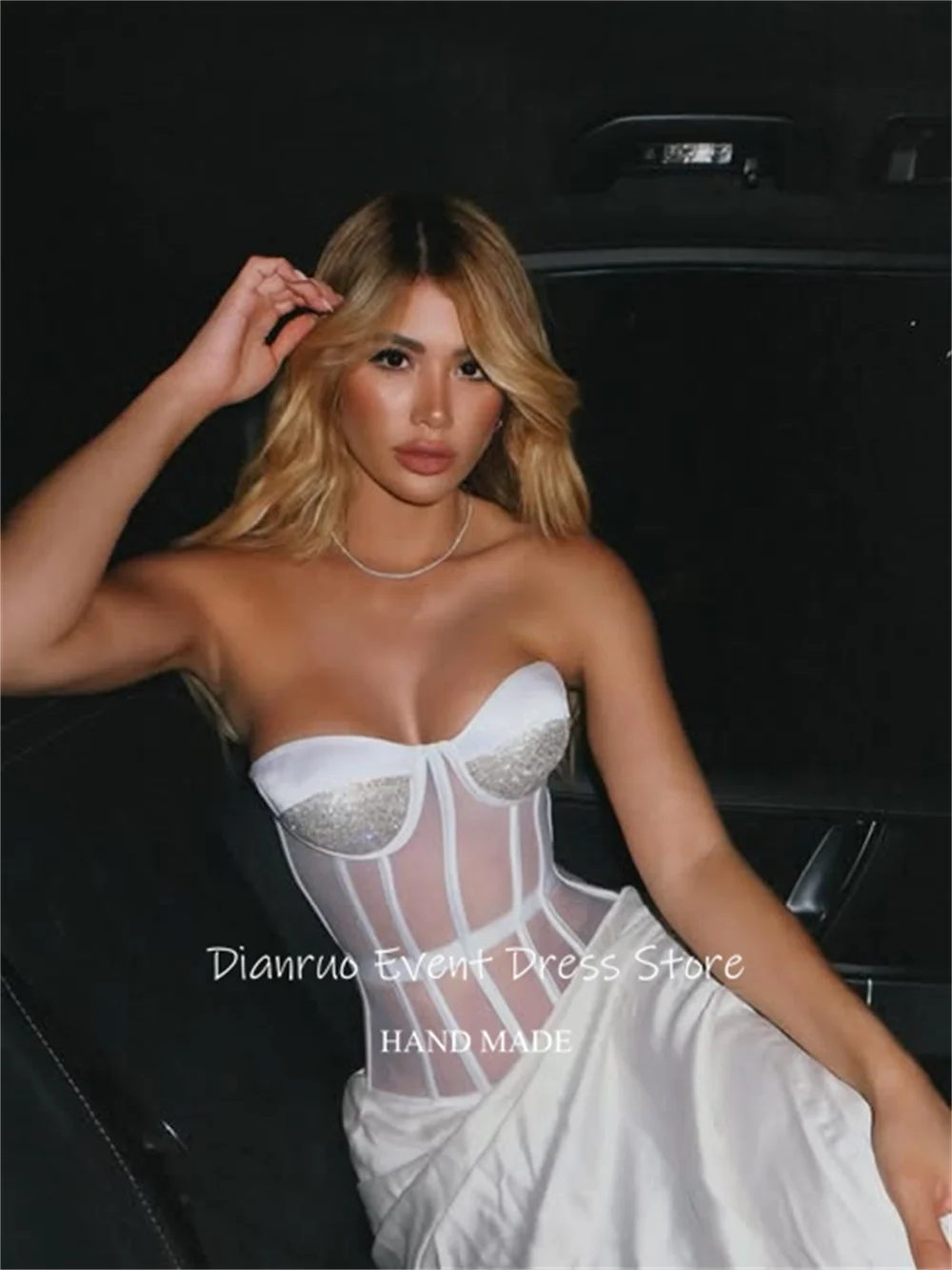 Dianruo renda sexy ver através do vestido de noite brilhante querida vestidos de fiesta sem mangas alta qualidade robe de bal personalizado