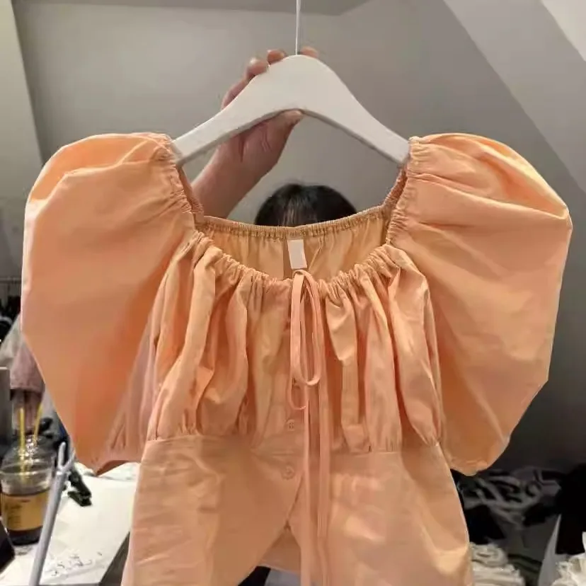 

2025 Summer Women's Solid Color Slim Fit Tie Front Puff Sleeve Square Neck Crop Top Blouse Fashion Casual Short Pullover Shirt