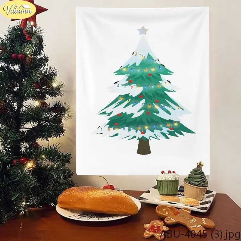 VIKAMA Christmas Wall Tapestry, Minimalist Cartoon Christmas Tree with Stars and String Lights, Christmas Home Decor