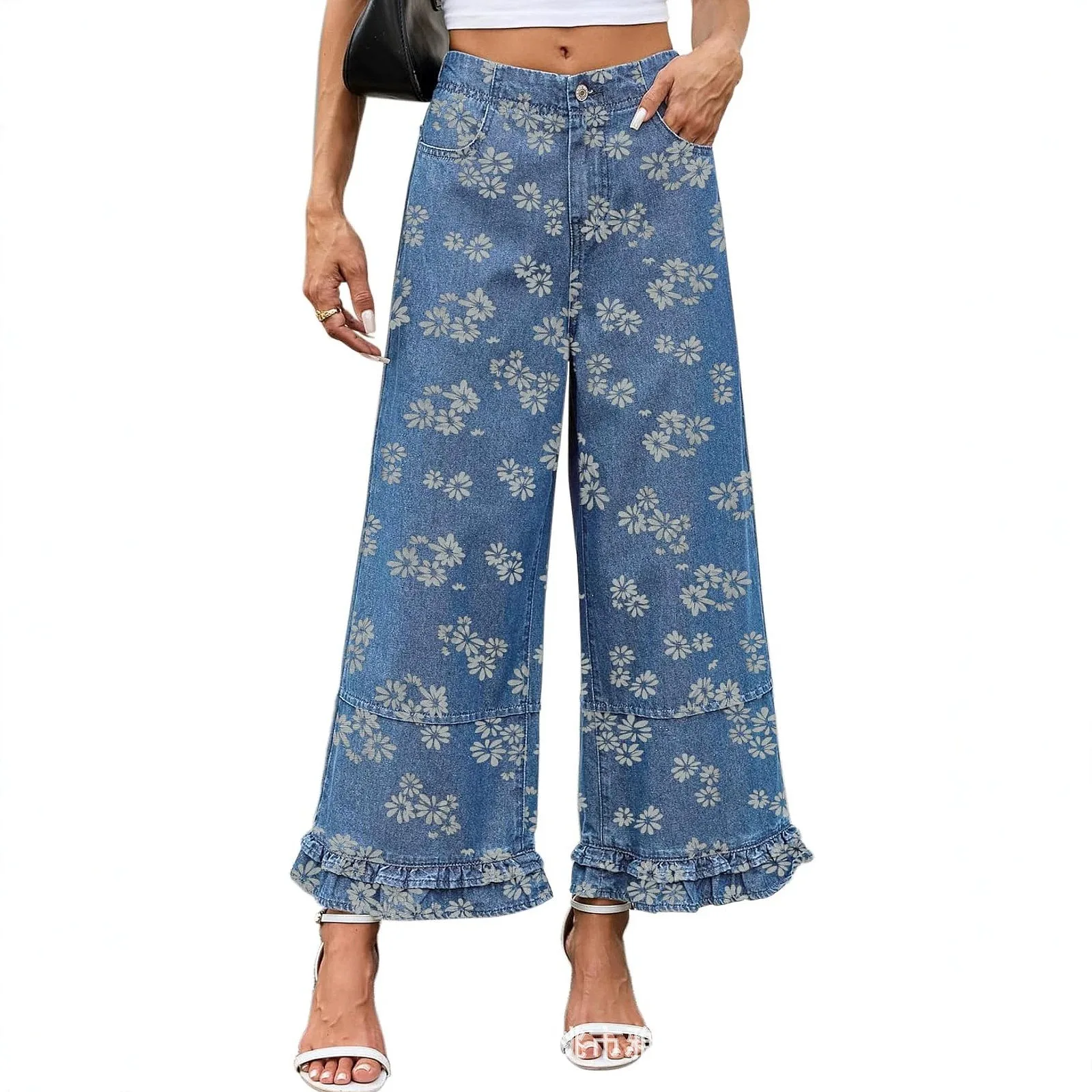 Pantalones Vaqueros Anchos para Mujer Estilo Y2K, Estampado de Margaritas, Dobladillo con Volantes, Capri, Primavera Verano