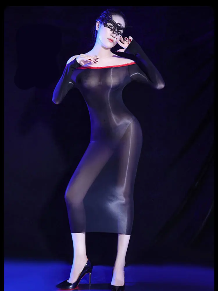 Abiti lunghi trasparenti trasparenti ultra sottili sexy a tubino Abiti tubolari con spalle scoperte in pizzo Guanti a cinque dita Abito alla moda